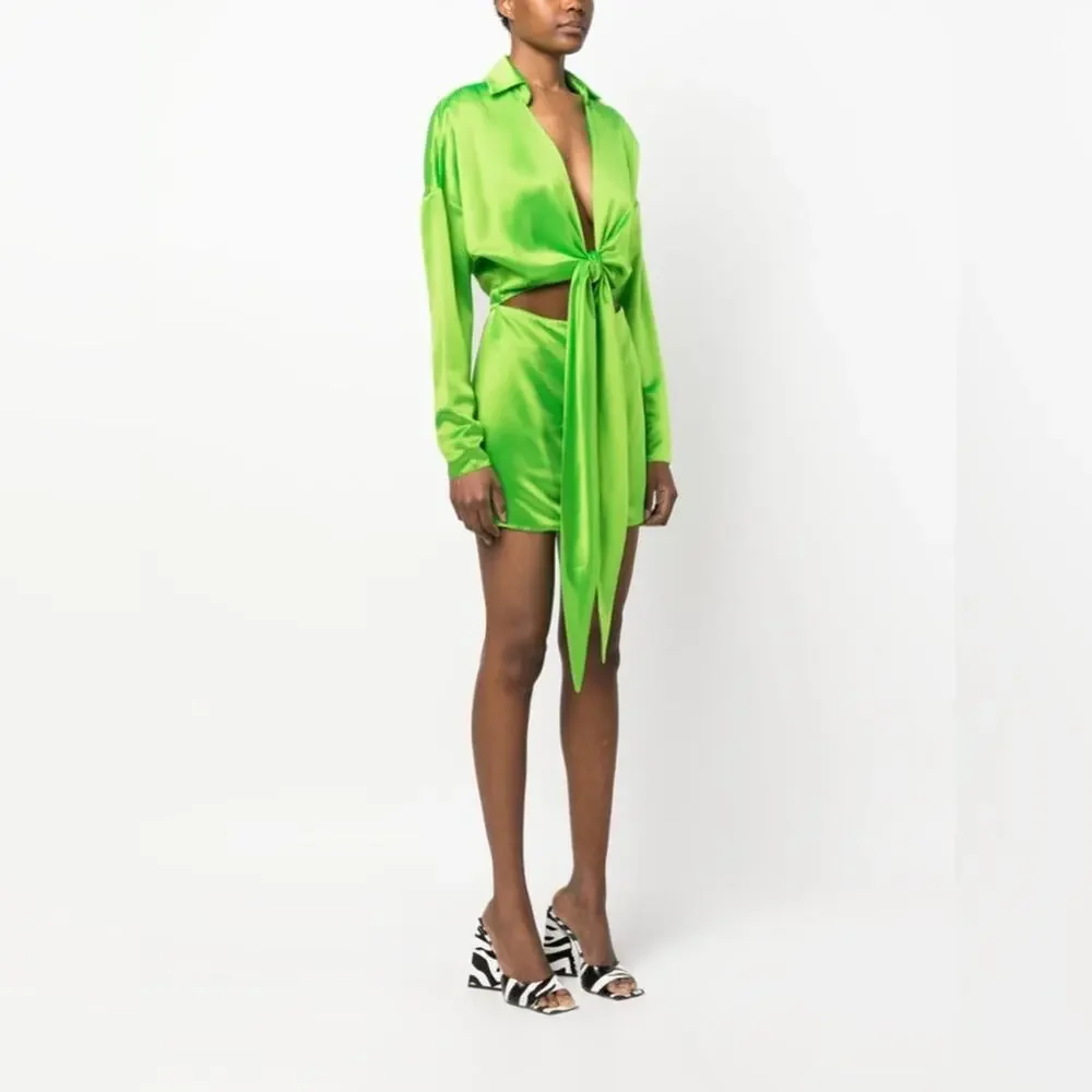 RETROFETE Knot-Detail Cut-Out Shirtdress Lime Green Deep V-Neck Tie Front Sm NEW - Picture 2 of 16